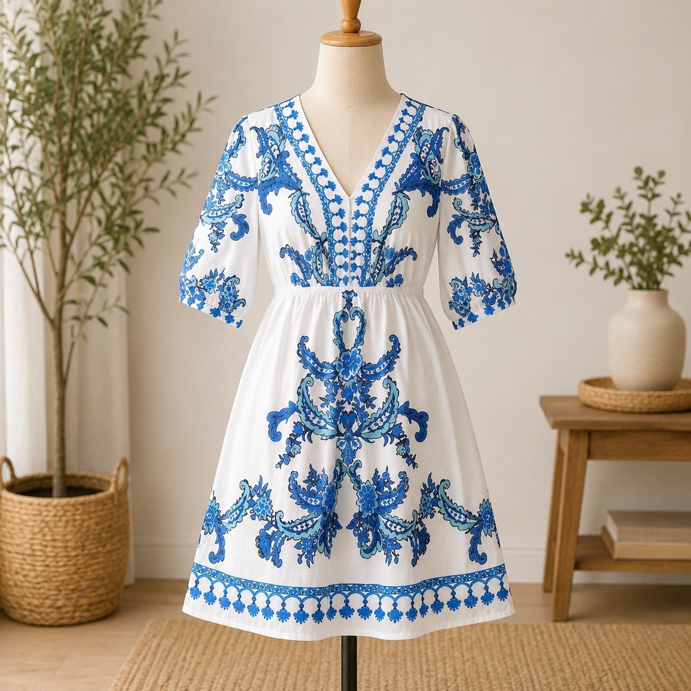 NWT Cupshe Mini Dress Large White Blue Paisley V-Neck Tie Back CAA05A4A177CS